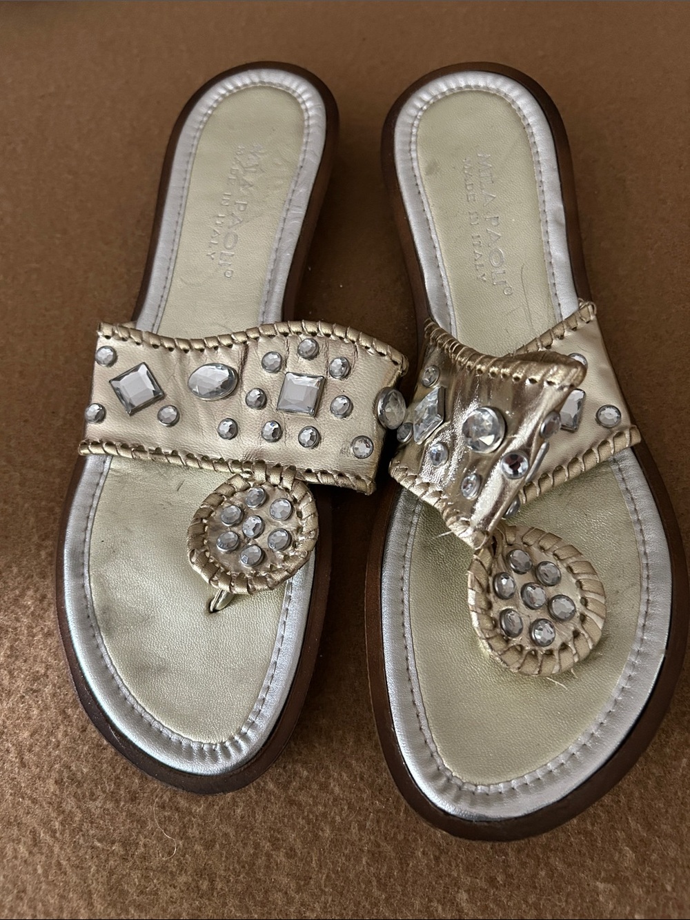 Via Spiga Gold Jeweled Toe-Post Sandals
